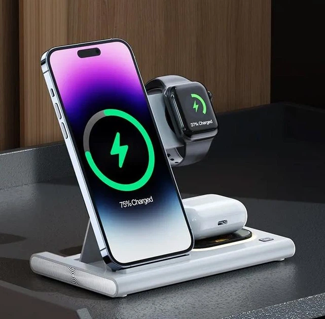 Бездротовий зарядний пристрій VIKEFON док-станція 3 в 1 для смартфонів, AirPods і Apple Watch, білий (78368984) - зображення 4