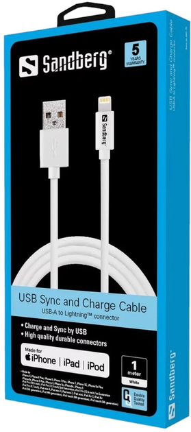 Kabel Sandberg USB Type-A - Lightning Apple Approved MFI 1 m White (5705730440755) - obraz 2