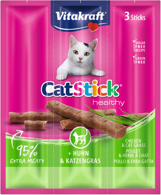 Patyczki dla kotów Vitakraft Cat Stick Chicken and Cat Grass 3 szt 18 g (4008239312198) - obraz 1