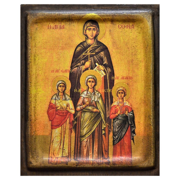 Икона "Святые мученицы Вера, Надежда, Любовь и матерь их София" на дереве 25х20 см - Фото 1 Икона "Святые мученицы Вера, Надежда, Любовь и матерь их София" на дереве 25х20 см - изображение 1