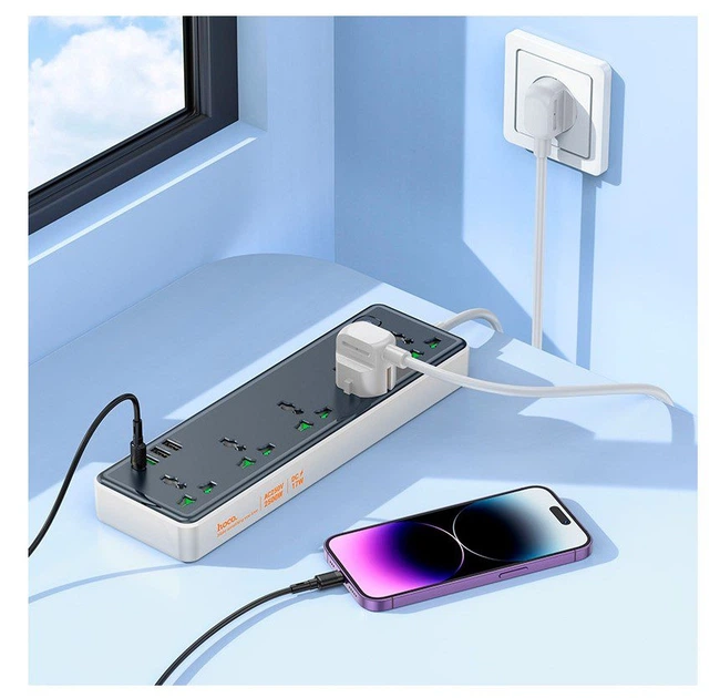 Мережевий фільтр подовжувач HOCO AC-13A 5 розеток + 3 USB + USB-C 17W, 220В, кабель 1,5м, Black-White - Фото 4 Мережевий фільтр подовжувач HOCO AC-13A 5 розеток + 3 USB + USB-C 17W, 220В, кабель 1,5м, Black-White - зображення 4