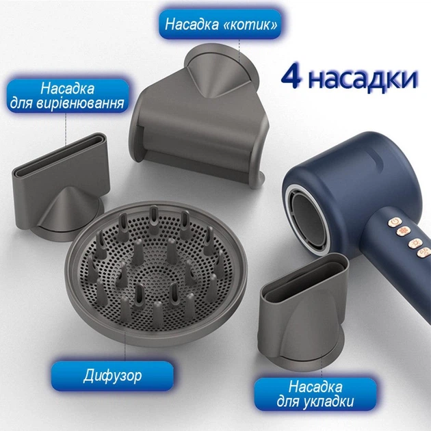 Фен для волос профессиональный X-13 нового поколения 4 насадки, синий - изображение 3