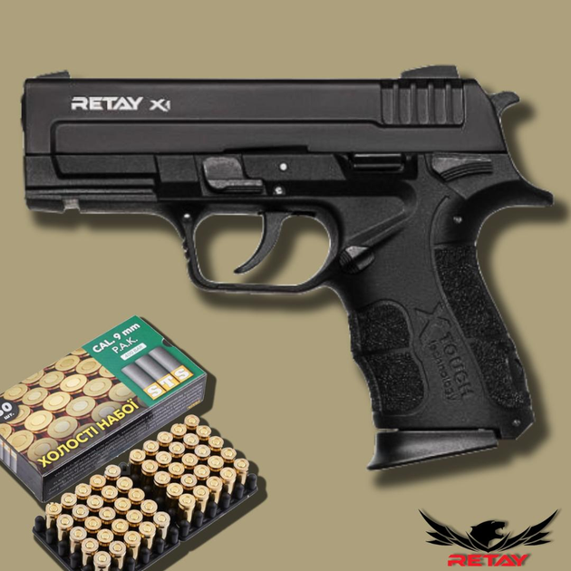 Стартовый пистолет Springfield, Retay X1 Black + 20 патронов, сигнальный пистолет под холостой патрон 9мм, шумовой пистолет - изображение 1