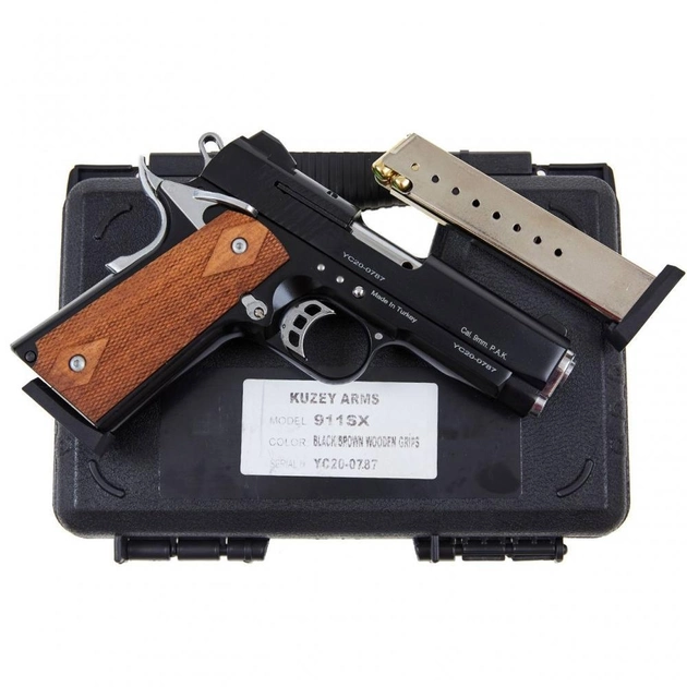 Стартовый пистолет Colt 1911, KUZEY 911-SX#2 Black/Brown Wooden Grips, Сигнальный пистолет под холостой патрон 9мм, Шумовой - изображение 2