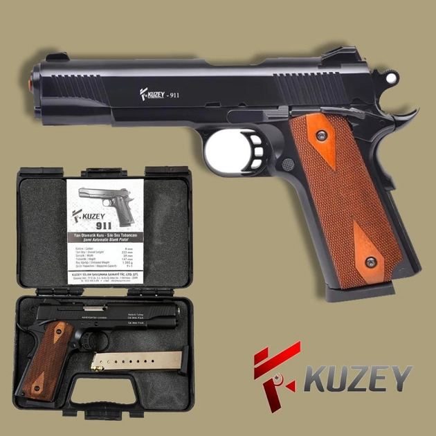 Стартовий пістолет Colt 1911, KUZEY 911#1 Black/Brown Wooden Grips, Сигнальний пістолет під холостий патрон 9мм, Шумовий - зображення 1