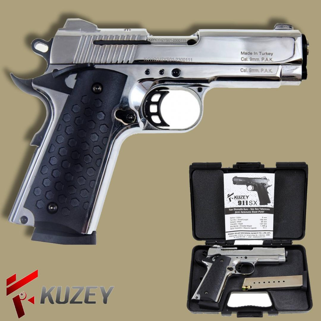 Стартовый пистолет Colt 1911, KUZEY 911-SX#1 Matte Chrome Plating/Black Grips, Сигнальный пистолет под холостой патрон 9мм, Шумовый - изображение 1