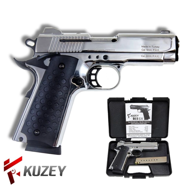 Стартовий пістолет Colt 1911, KUZEY 911-SX#1 Matte Chrome Plating/Black Grips, Сигнальний пістолет під холостий патрон 9мм, Шумовий - зображення 2