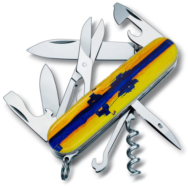 Складаний швейцарський ніж Victorinox Vx13703.3_T3110p Climber Ukraine Марка з трактором 14 функцій 91 мм синьо-жовтий - зображення 1