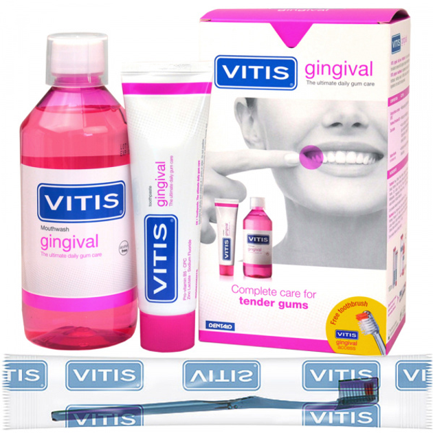 Zestaw Dentaid Vitis Gingival pasta do zębów 100 ml + płyn do płukania 500 ml + szczoteczka do zębów 1 szt (8427426045828) - obraz 1