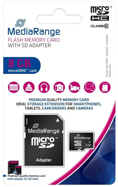 Карта пам'яті MediaRange microSDHC 8GB Class 10 + SD адаптер MR957 (4260283113521) - зображення 3