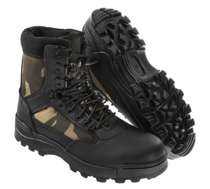Високі чоловічі демісезонні черевики Brandit Tactical Dark Camo 46 Чорні з комбінації міцного нейлону 600D і мікрофібри Взуття оснащена системою швидкого надягання ергономічна маслостійка гумова підошва для амортизації і стійкості (Alop) - зображення 1