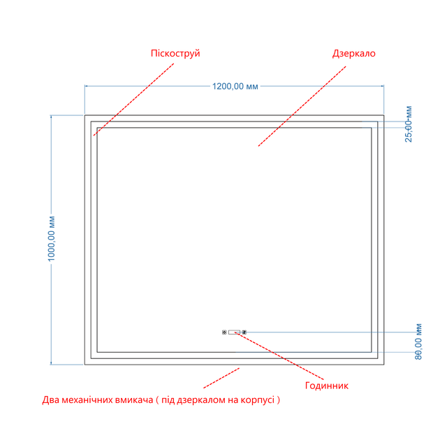 LED-дзеркало,120x100см, з двома сенсорами, годинником, механічним вмикачем та підігрівом, модель Karnet (Karnet/1200x1000/214151/26/1) - изображение 3