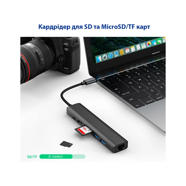 Концентратор Dynamode 7-in-1 USB-C to HDTV 4K/30Hz, 2хUSB3.0, RJ45, USB-C PD 100W, SD/MicroSD (BYL-2 - Фото 10 Концентратор Dynamode 7-in-1 USB-C to HDTV 4K/30Hz, 2хUSB3.0, RJ45, USB-C PD 100W, SD/MicroSD (BYL-2 - зображення 10