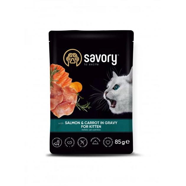 Вологий корм Savory для котят с лососем и морковью в соусе 85г - Фото 1 Вологий корм Savory для котят с лососем и морковью в соусе 85г - изображение 1