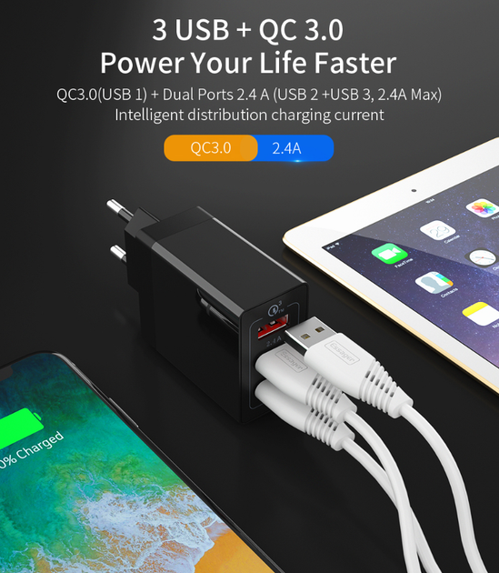 Зарядний пристрій Essager 30W, 3хUSB, Quick Charge 3.0 White - зображення 3