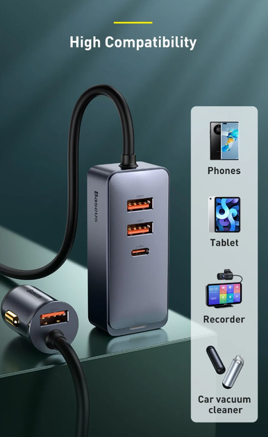 Автомобильное зарядное устройство Baseus Share Together 120W PD+QC3.0 PPS 2xUSB-C+2xUSB-A Grey - Фото 6 Автомобильное зарядное устройство Baseus Share Together 120W PD+QC3.0 PPS 2xUSB-C+2xUSB-A Grey - изображение 6