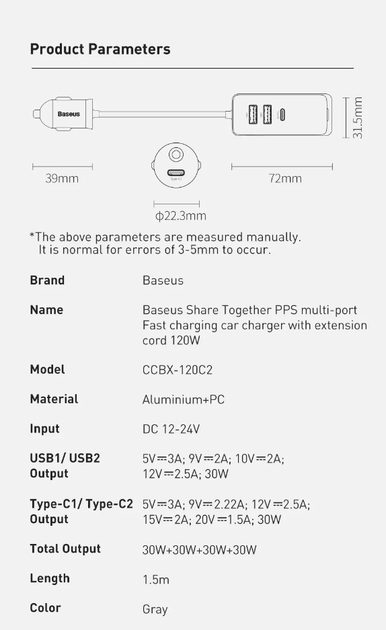 Автомобильное зарядное устройство Baseus Share Together 120W PD+QC3.0 PPS 2xUSB-C+2xUSB-A Grey - Фото 9 Автомобильное зарядное устройство Baseus Share Together 120W PD+QC3.0 PPS 2xUSB-C+2xUSB-A Grey - изображение 9