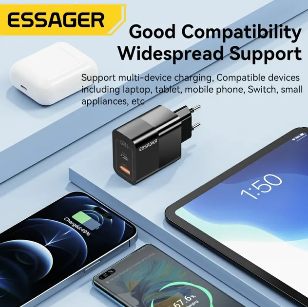 Сетевое зарядное устройство Essager 33W GaN PD USB-C+USB-A Black - Фото 6 Сетевое зарядное устройство Essager 33W GaN PD USB-C+USB-A Black - изображение 6