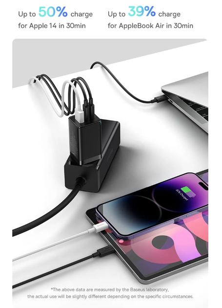 Сетевое зарядное устройство BASEUS GaN5 Pro 65W (2 USB Type-C + USB Type-A) 65Вт PD3.0 QC4.0 + Кабель Type-C - Фото 4 Сетевое зарядное устройство BASEUS GaN5 Pro 65W (2 USB Type-C + USB Type-A) 65Вт PD3.0 QC4.0 + Кабель Type-C - изображение 4