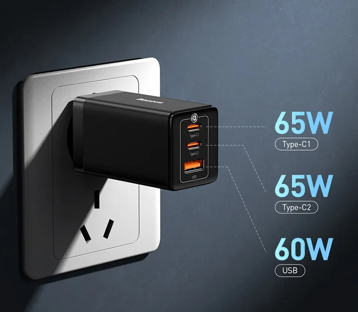 Сетевое зарядное устройство BASEUS GaN5 Pro 65W (2 USB Type-C + USB Type-A) 65Вт PD3.0 QC4.0 + Кабель Type-C - Фото 5 Сетевое зарядное устройство BASEUS GaN5 Pro 65W (2 USB Type-C + USB Type-A) 65Вт PD3.0 QC4.0 + Кабель Type-C - изображение 5