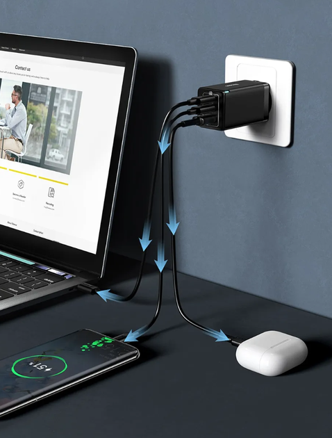 Сетевое зарядное устройство BASEUS GaN5 Pro 65W (2 USB Type-C + USB Type-A) 65Вт PD3.0 QC4.0 + Кабель Type-C - Фото 6 Сетевое зарядное устройство BASEUS GaN5 Pro 65W (2 USB Type-C + USB Type-A) 65Вт PD3.0 QC4.0 + Кабель Type-C - изображение 6