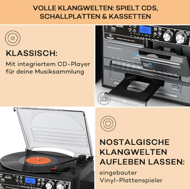 Музичний центр Auna TC-386 стерео система вініл USB MP3 BT CD касети - Фото 3 Музичний центр Auna TC-386 стерео система вініл USB MP3 BT CD касети - зображення 3