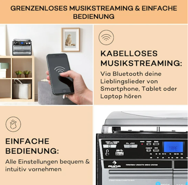 Музичний центр Auna TC-386 стерео система вініл USB MP3 BT CD касети - Фото 5 Музичний центр Auna TC-386 стерео система вініл USB MP3 BT CD касети - зображення 5
