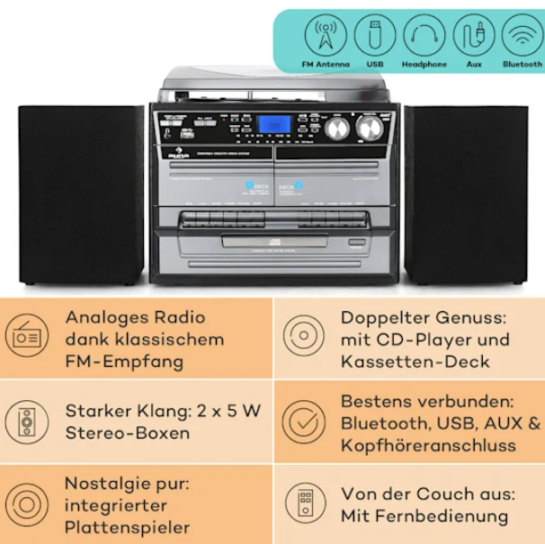 Музичний центр Auna TC-386 стерео система вініл USB MP3 BT CD касети - Фото 6 Музичний центр Auna TC-386 стерео система вініл USB MP3 BT CD касети - зображення 6