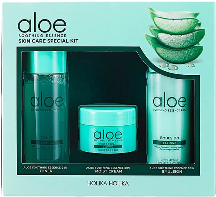 Набір мініатюр для догляду за обличчям Holika Holika Aloe Soothing Essence Kit з екстрактом алое 2 х 50 мл + 20 мл (8806334380588) - зображення 1