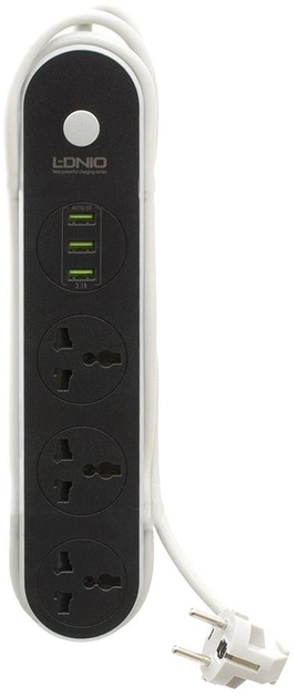 Сетевой фильтр-удлинитель LDNIO 3 розетки + 3 USB 3.1A 1.6 м c выключателем Black (SC3301) - изображение 2