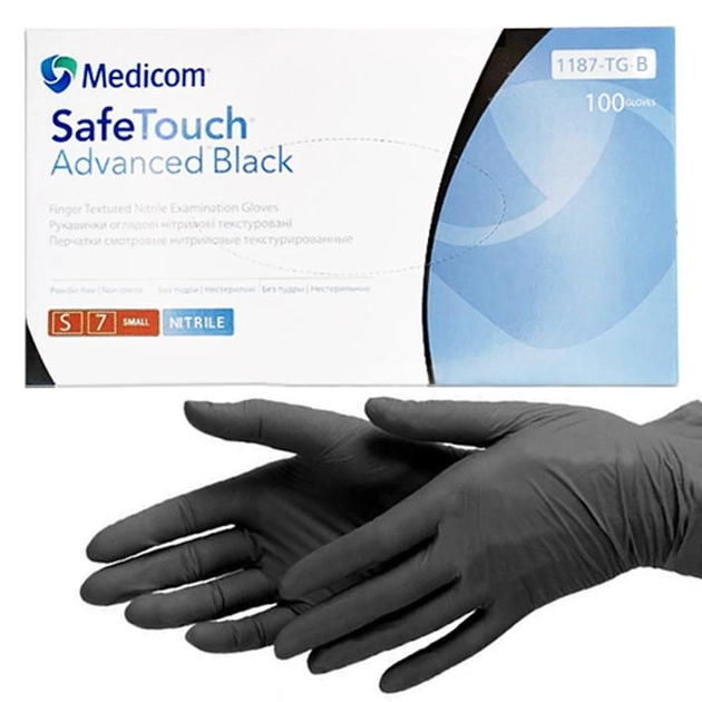 Нитриловые перчатки Medicom, плотность 3.5 г. - SafeTouch Advanced Black - Чёрные (100 шт) S (6-7) - изображение 1