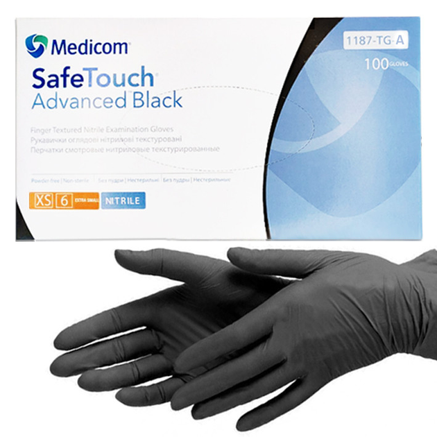 Нітрилові рукавички Medicom, щільність 3.5 г. - SafeTouch Advanced Black - Чорні (100 шт) XS (5-6) - зображення 1