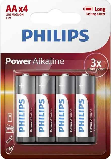 Батарейки Philips Power Alkaline LR6P4B AA 4шт блістер - Фото 1 Батарейки Philips Power Alkaline LR6P4B AA 4шт блістер - зображення 1