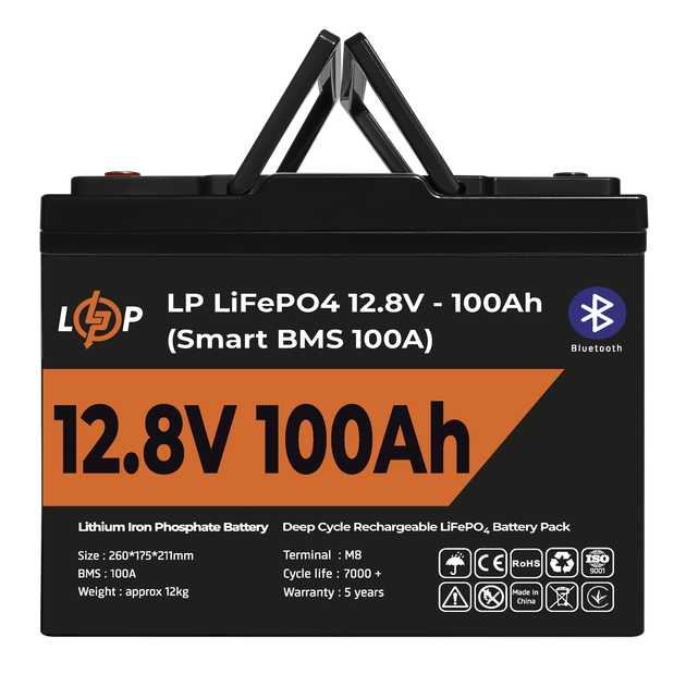 Акумулятор LP LiFePO4 12V (12,8V) - 100 Ah (1280Wh) (Smart BMS 100А) з BT пластик для ДБЖ - Фото 2 Акумулятор LP LiFePO4 12V (12,8V) - 100 Ah (1280Wh) (Smart BMS 100А) з BT пластик для ДБЖ - изображение 2