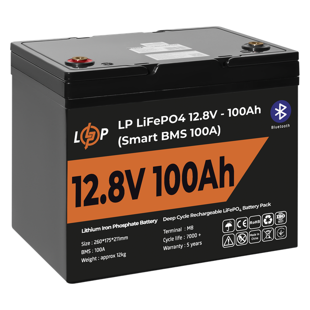 Акумулятор LP LiFePO4 12V (12,8V) - 100 Ah (1280Wh) (Smart BMS 100А) з BT пластик для ДБЖ - Фото 4 Акумулятор LP LiFePO4 12V (12,8V) - 100 Ah (1280Wh) (Smart BMS 100А) з BT пластик для ДБЖ - изображение 4