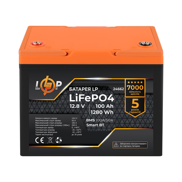 Акумулятор LP LiFePO4 12,8V - 100 Ah (1280Wh) (BMS 100A/50А) пластик Smart BT - Фото 1 Акумулятор LP LiFePO4 12,8V - 100 Ah (1280Wh) (BMS 100A/50А) пластик Smart BT - изображение 1
