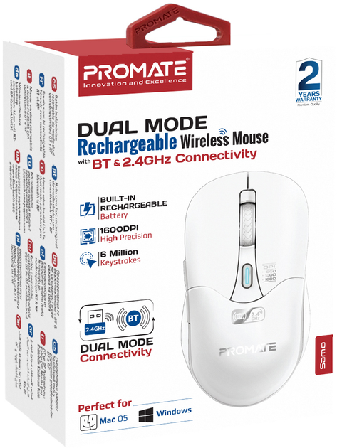 Мышь Promate Samo Wireless/Bluetooth White (samo.white) - изображение 8