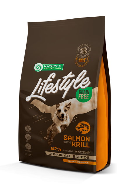 Сухой корм Nature's Protection Lifestyle Grain Free Salmon with Krill Junior All Breeds 1.5 кг (NPLS45686) - Фото 1 Сухой корм Nature's Protection Lifestyle Grain Free Salmon with Krill Junior All Breeds 1.5 кг (NPLS45686) - изображение 1