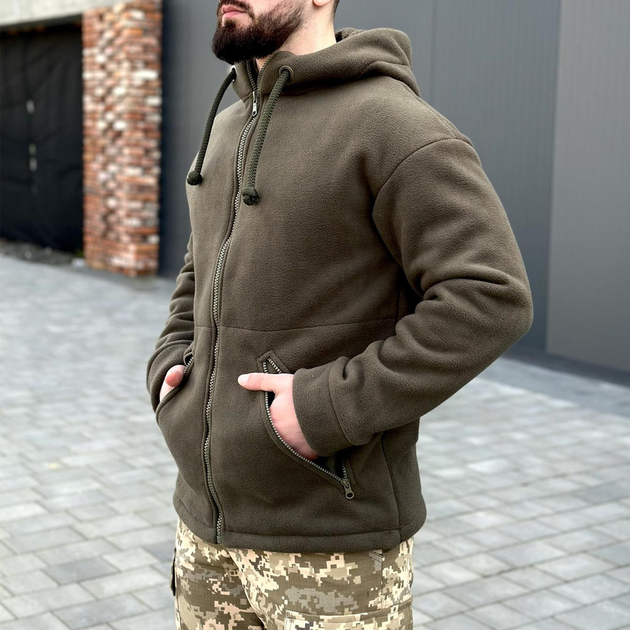 Мужская флисовая куртка с капюшоном хаки размер 4XL - изображение 2