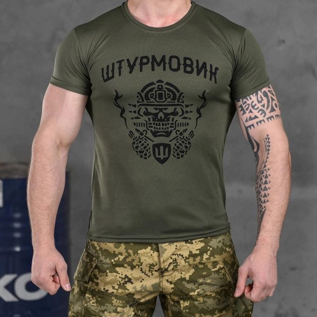 Мужская потоотводящая футболка с принтом "Штурмовик" Coolmax олива размер M - изображение 1