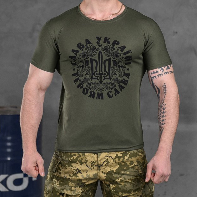Мужская потоотводящая футболка Coolmax с принтом "Слава Украине" олива размер 2XL - изображение 1