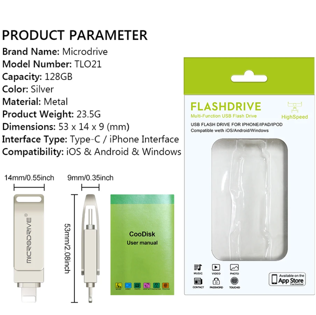 Флешка металлическая 2в1 256ГБ Type-C-Lightning для Apple iPhone, iPad, компьютера MICRODRIVE A3 256GB Серебро - Фото 9 Флешка металлическая 2в1 256ГБ Type-C-Lightning для Apple iPhone, iPad, компьютера MICRODRIVE A3 256GB Серебро - изображение 9