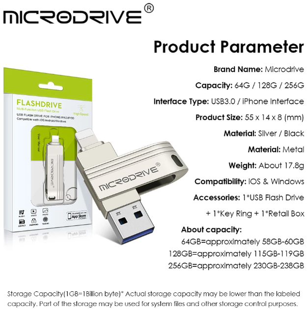 Флешка металлическая 2в1 128ГБ USB-Lightning для Apple iPhone, iPad, компьютера MICRODRIVE A1 128GB Серебро - изображение 4