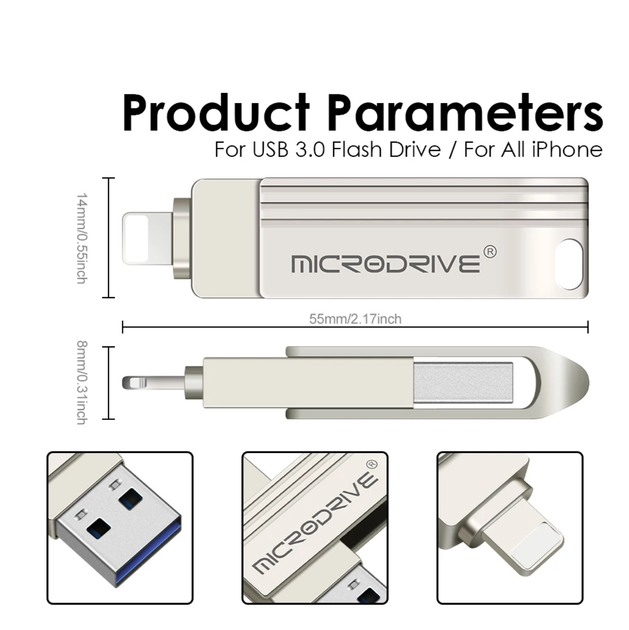 Флешка металлическая 2в1 128ГБ USB-Lightning для Apple iPhone, iPad, компьютера MICRODRIVE A1 128GB Серебро - изображение 10