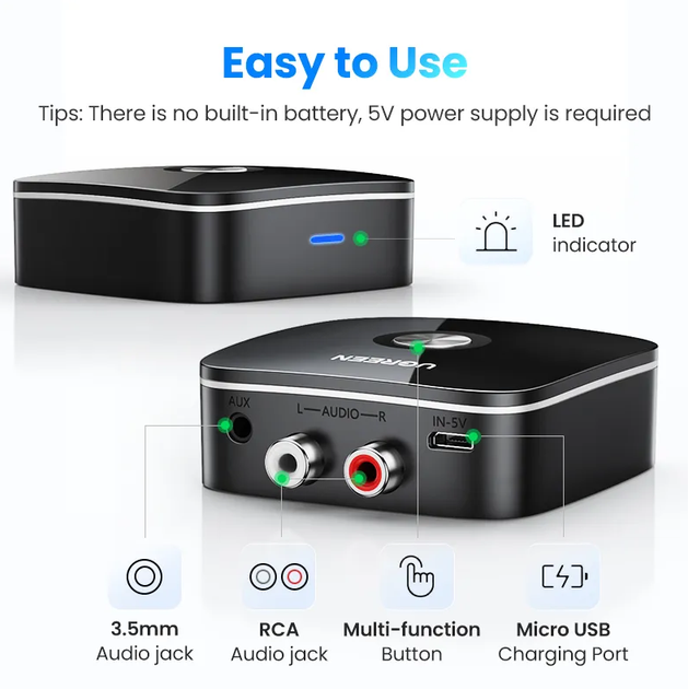 Bluetooth-адаптер Ugreen CM106 Bluetooth 5.1 aptX AUX 2RCA (40759) - изображение 2
