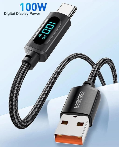 Кабель Essager Enjoy LED Digital Display 7A USB Type-A to USB Type-C 1 м Black (EXCT-XY01-P) - Фото 2 Кабель Essager Enjoy LED Digital Display 7A USB Type-A to USB Type-C 1 м Black (EXCT-XY01-P) - зображення 2