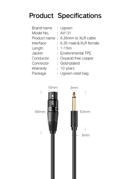 Аудіокабель для мікрофона UGREEN AV131 Jack 6.3 mm to XLR Female AV Cable 3m Black (20720) - зображення 9