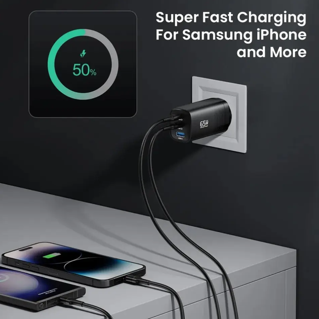 Сетевое зарядное устройство ASOMETECH GaN 65W 1USB+2Type-C Fast Charger Black - изображение 7