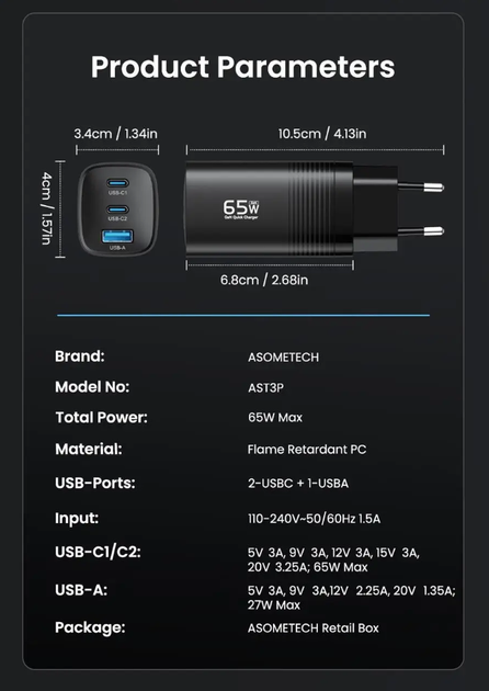 Сетевое зарядное устройство ASOMETECH GaN 65W 1USB+2Type-C Fast Charger Black - изображение 9