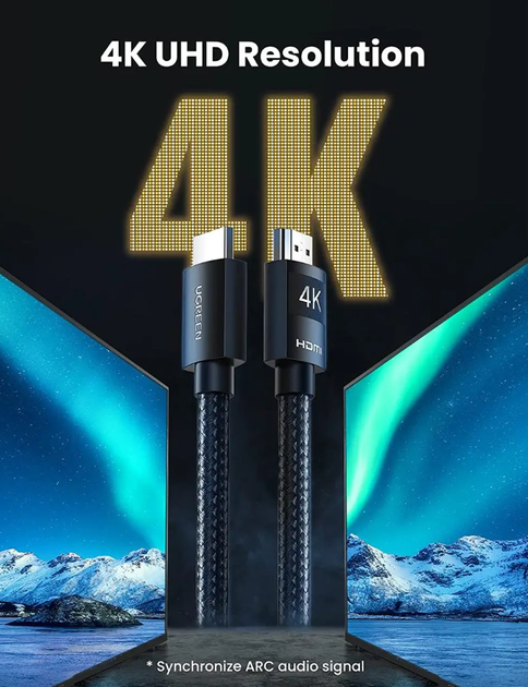 Высокоскоростной HDMI шнур кабель UGREEN 4K 2.0 в нейлоновой оплетке черный 2м (HD119) 40101 - изображение 5